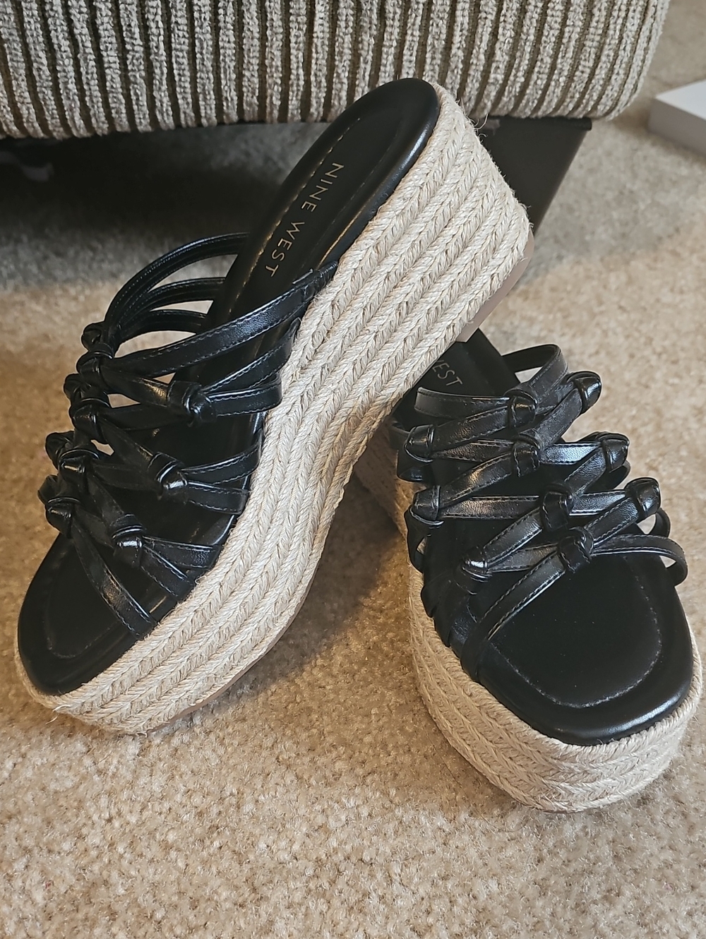 Nine West Black Leather Knotted Espadrille Platform Mules